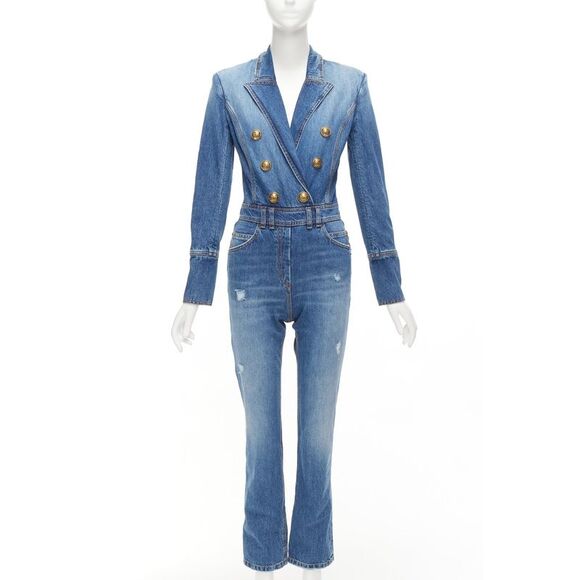 BALMAIN blue washed distressed denim gold double breasted jumpsuit FR34 XS